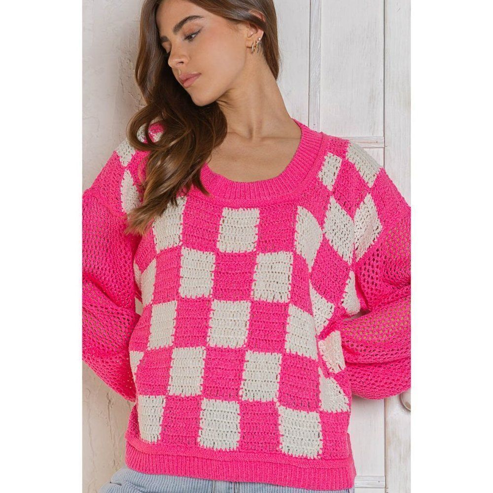 POL Catching Feelings Checkered Sweater in Pink/White FST250A - Picture 6 of 9